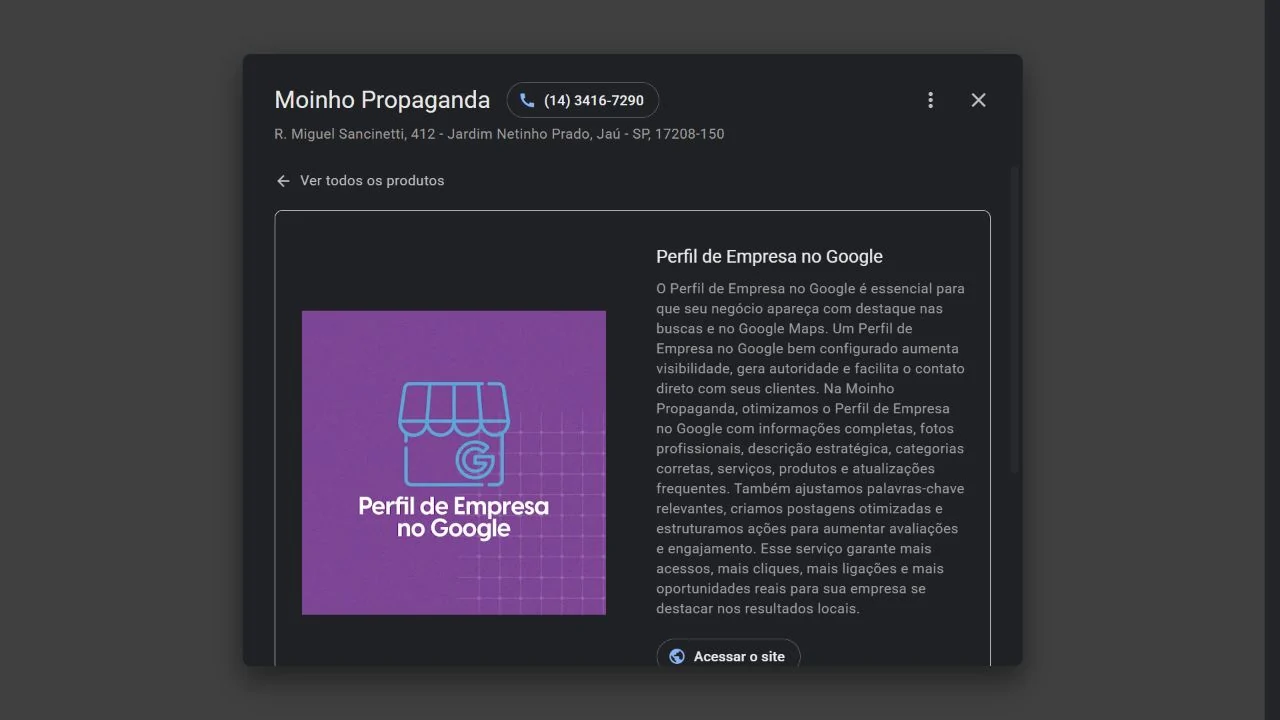 Ficha de Perfil de Empresa no Google de Moinho Propaganda no Google. Captura real de 16/09/2026.