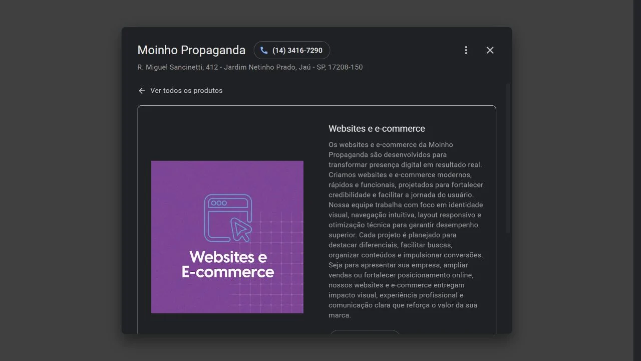 Ficha de Websites e e-commerce de Moinho Propaganda no Google. Captura real de 16/09/2026.