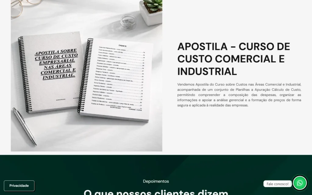 Captura do site de Pioneiro Métodos de Cálculos: Bloco da apostila do curso de custo comercial e industrial