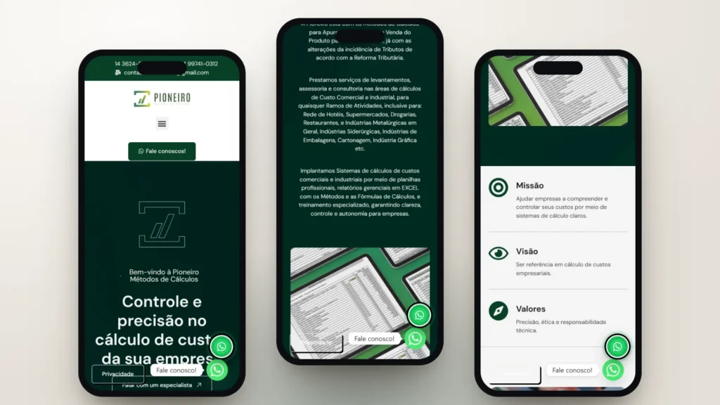 Captura do site de Pioneiro Métodos de Cálculos: Início e blocos da página no celular
