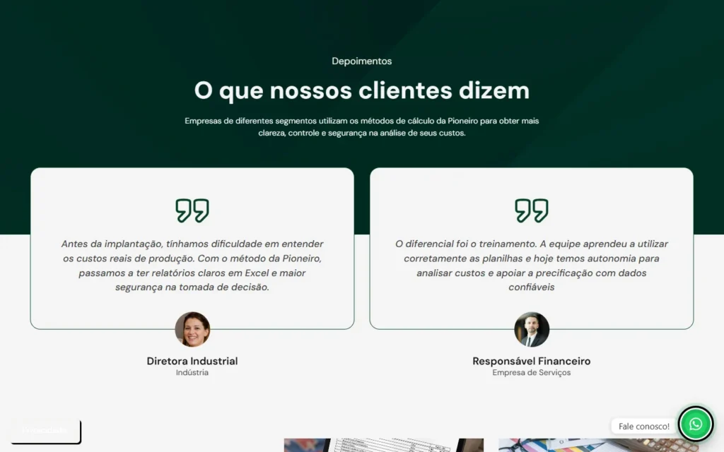 Captura do site de Pioneiro Métodos de Cálculos: Bloco de depoimentos