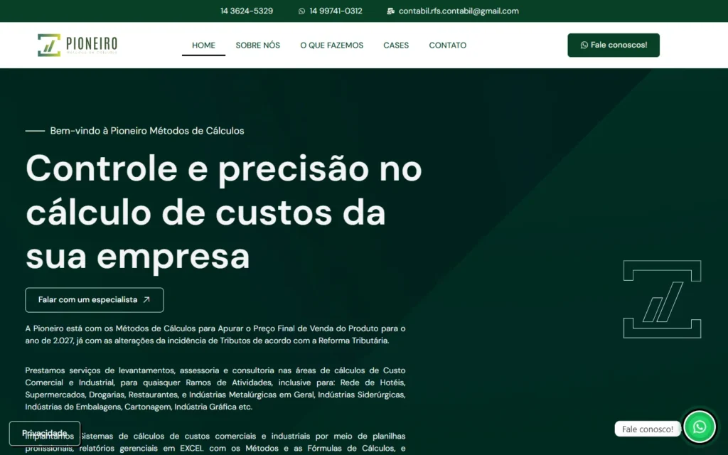 Captura do site de Pioneiro Métodos de Cálculos: Página inicial: controle e precisão no cálculo de custos