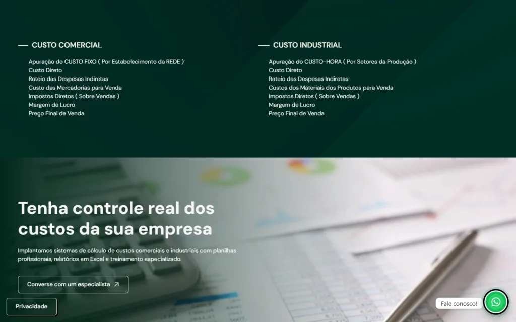 Captura do site de Pioneiro Métodos de Cálculos: Roteiros de custo comercial e custo industrial