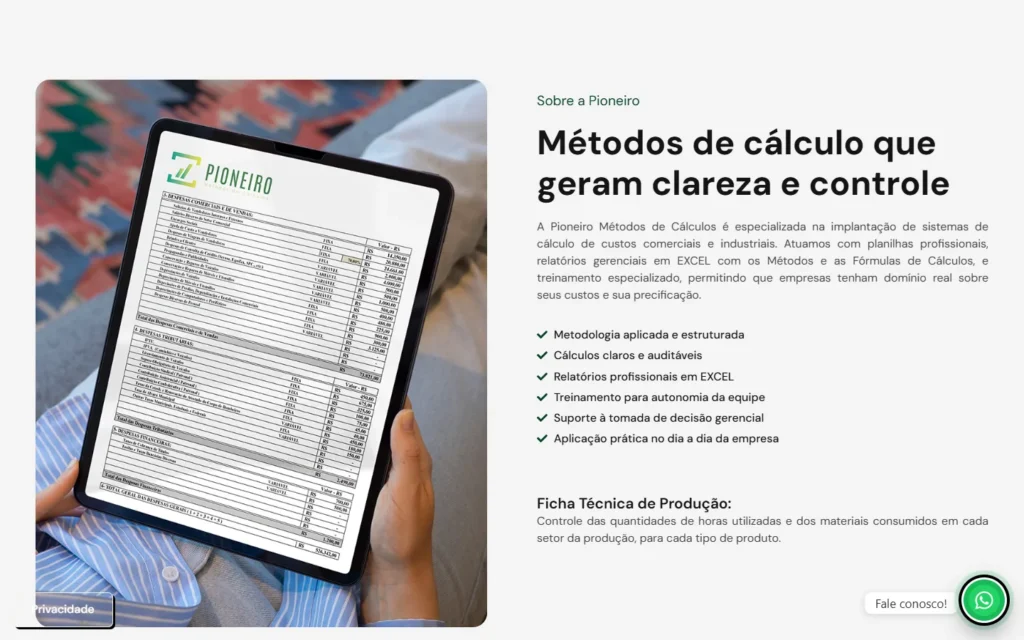 Captura do site de Pioneiro Métodos de Cálculos: Bloco Sobre a Pioneiro: métodos de cálculo que geram clareza e controle