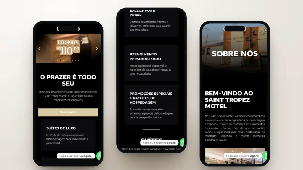 Captura do site de Saint Tropez Motel: Início, seção e página interna no celular