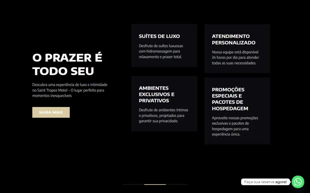 Captura do site de Saint Tropez Motel: Seção de apresentação e diferenciais