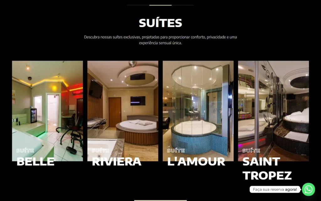 Captura do site de Saint Tropez Motel: Seção Suítes: Belle, Riviera, L'Amour e Saint Tropez
