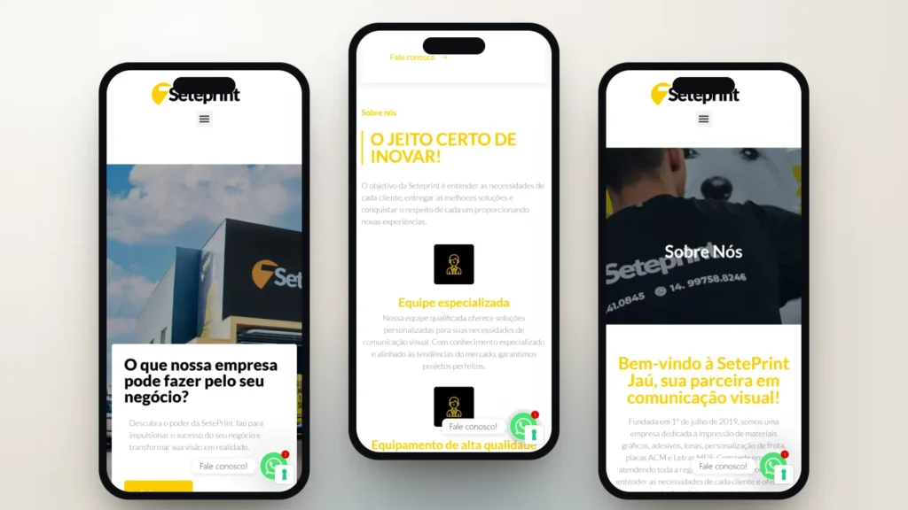 Captura do site de SetePrint Jaú: Início, seção e página interna no celular