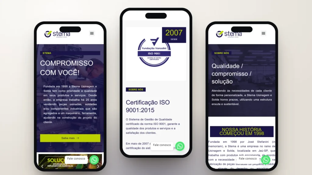 Captura do site de Stema: Início, seção e página interna no celular