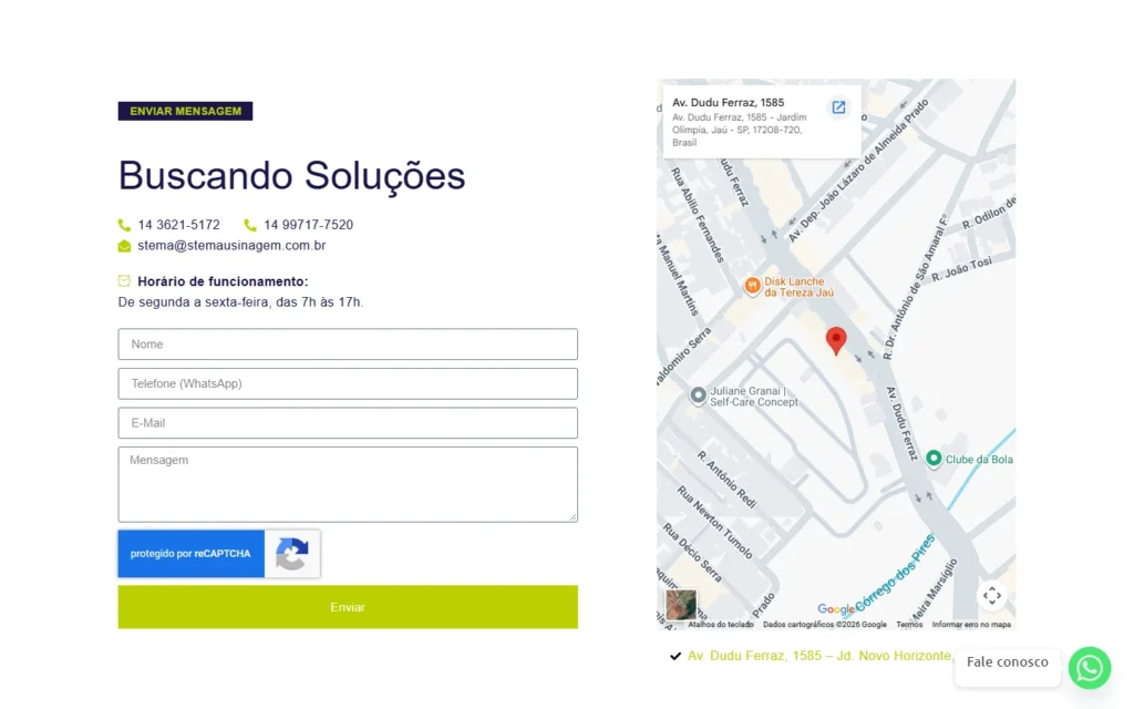 Captura do site de Stema: Contato: formulário e mapa