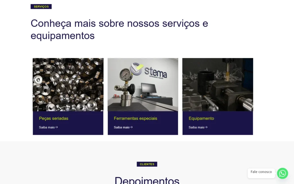 Captura do site de Stema: Seção Conheça mais sobre nossos serviços e equipamentos