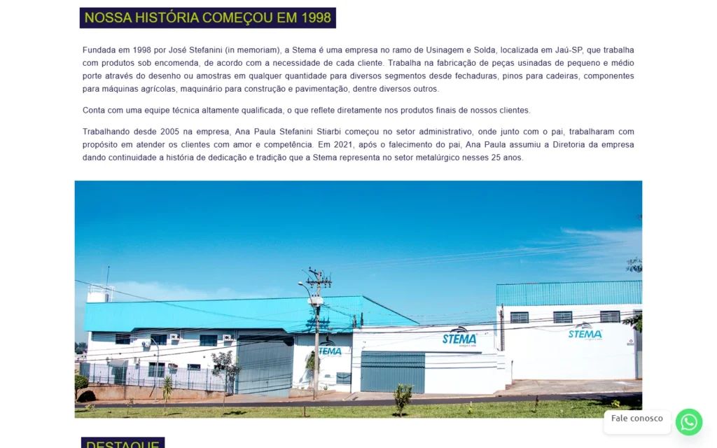 Captura do site de Stema: Quem somos: nossa história começou em 1998