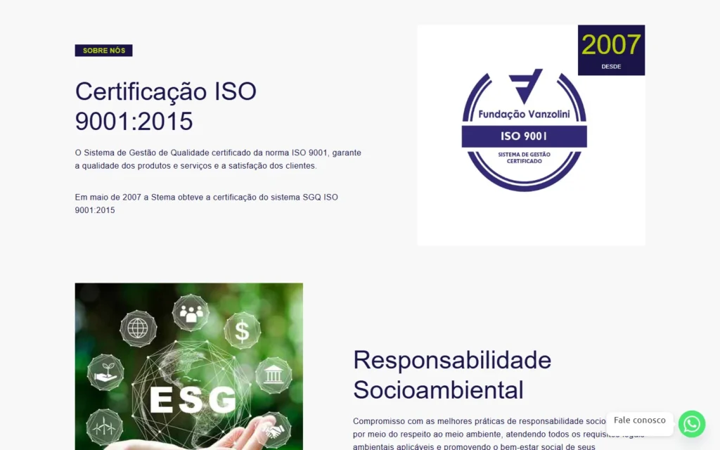 Captura do site de Stema: Seções Certificação ISO 9001:2015 e Responsabilidade socioambiental