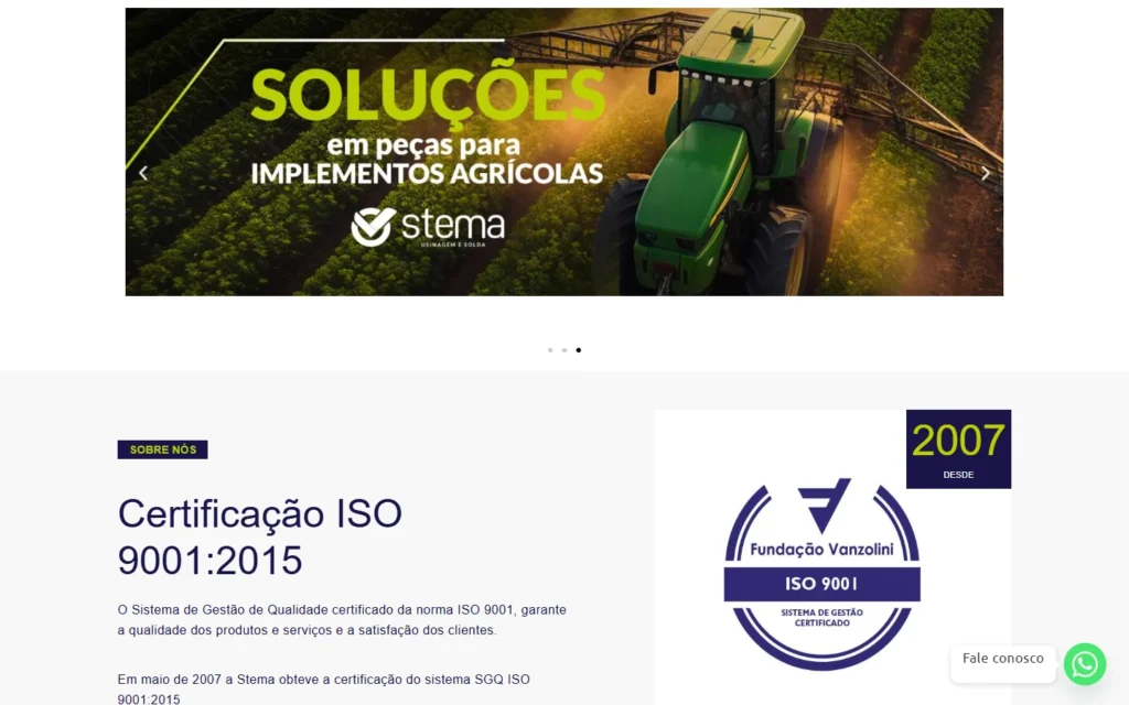 Captura do site de Stema: Carrossel de soluções e certificação ISO 9001:2015