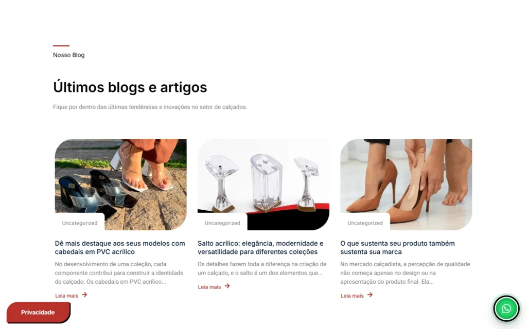 Captura do site de Tecnoplast Injetados: Seção de blog e artigos