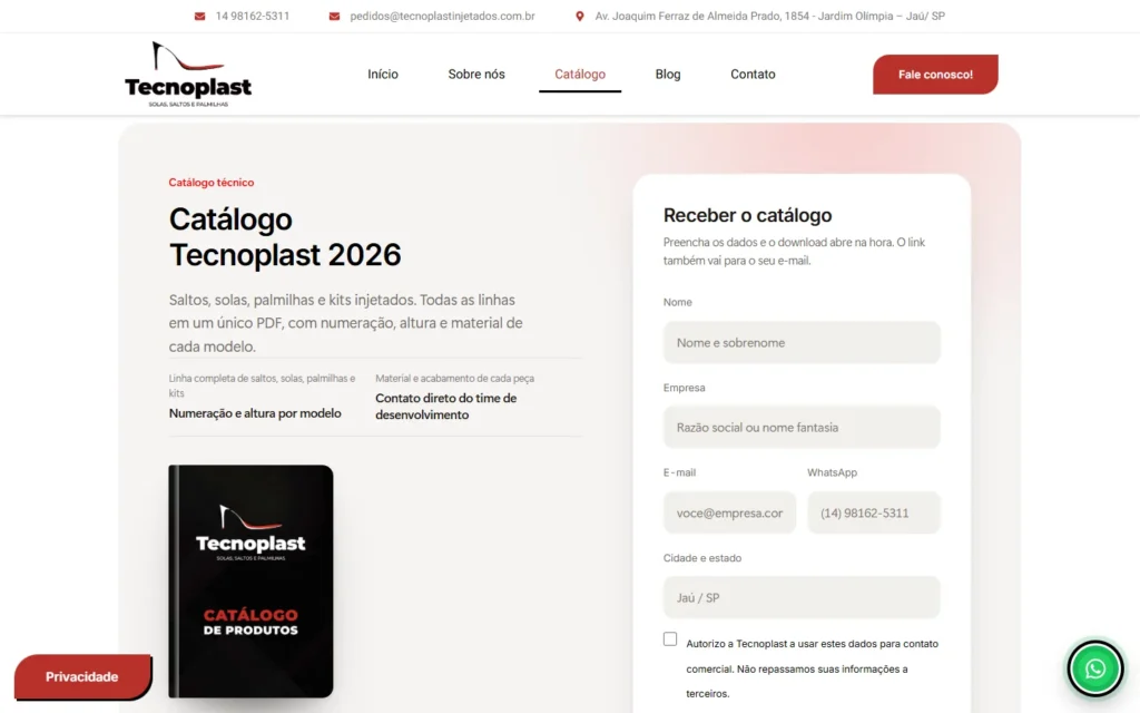 Captura do site de Tecnoplast Injetados: Página Catálogo: formulário e download imediato