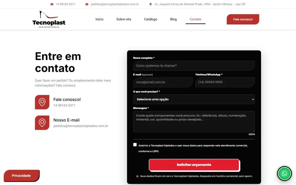 Captura do site de Tecnoplast Injetados: Página Contato: formulário com lista de necessidades