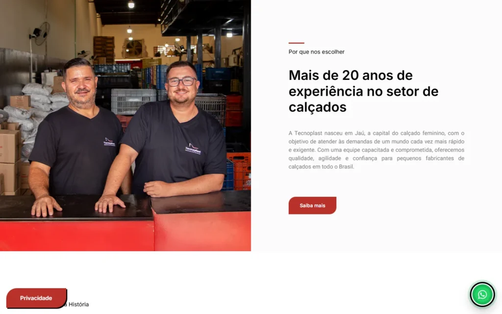 Captura do site de Tecnoplast Injetados: Seção Mais de 20 anos de experiência no setor