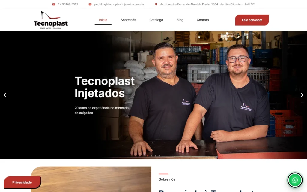Captura do site de Tecnoplast Injetados: Página inicial: 20 anos de experiência no mercado de calçados