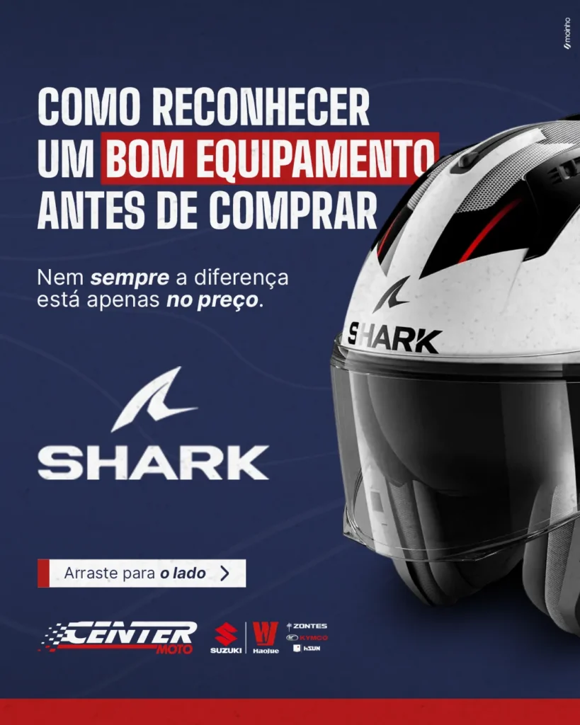 Anuncio da Center Moto sobre como reconhecer um bom capacete antes de comprar, com a marca Shark