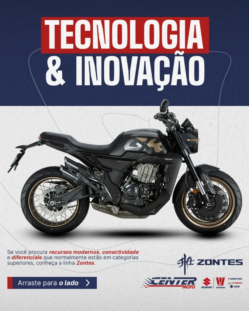 Anúncio da Center Moto sobre tecnologia e conforto das motos 0km