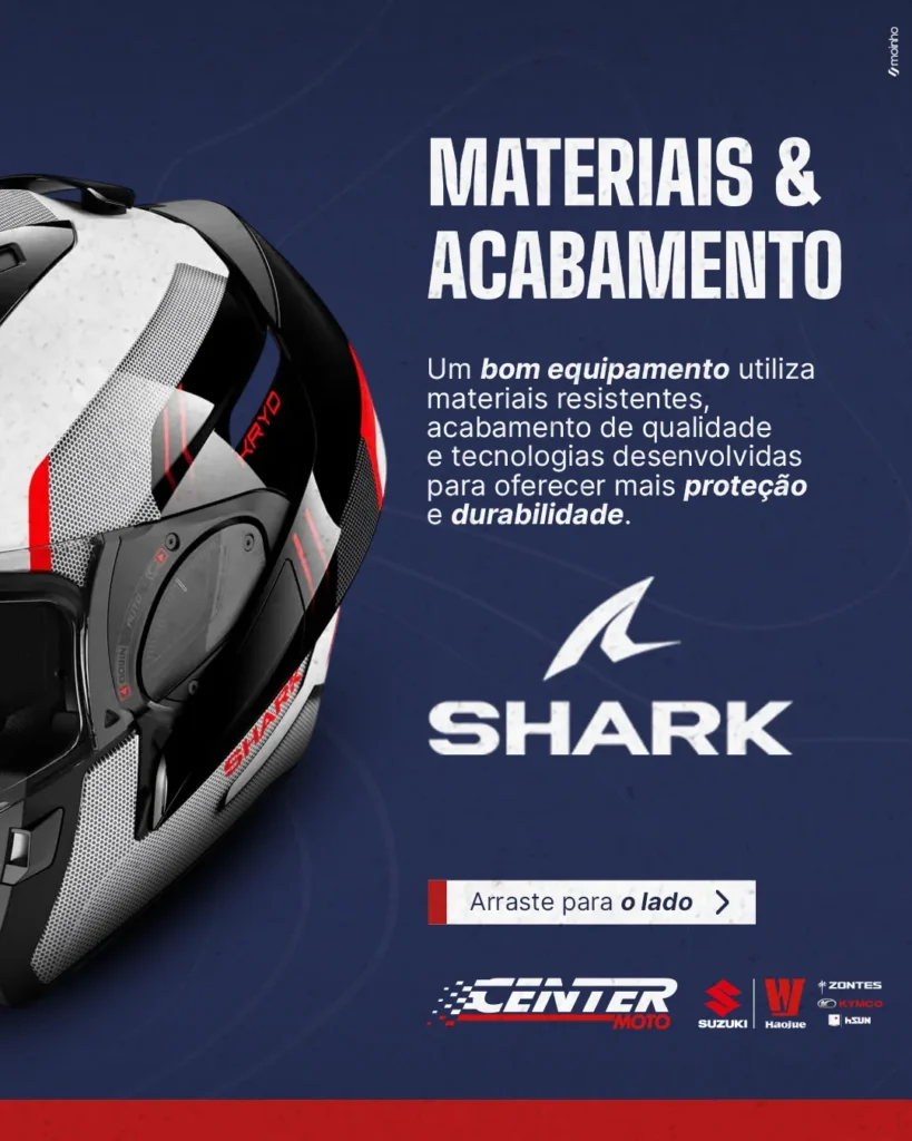 Anúncio da boutique Center Moto sobre materiais e acabamento dos equipamentos