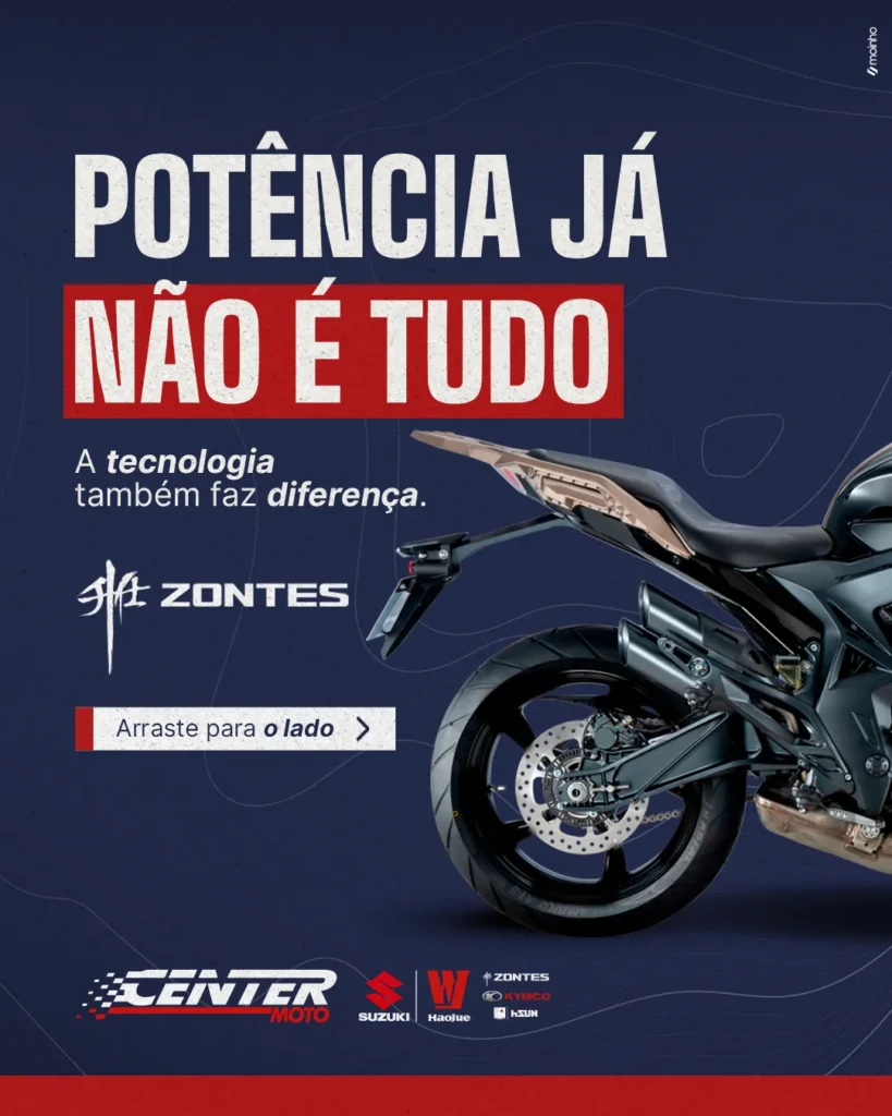 Anúncio da Center Moto: "potência já não é tudo", peça da linha Zontes