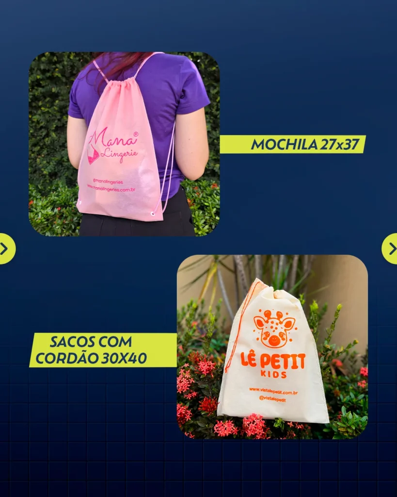 Anúncio da Semana do Cliente JSILKS mostrando mochila e sacos com cordão