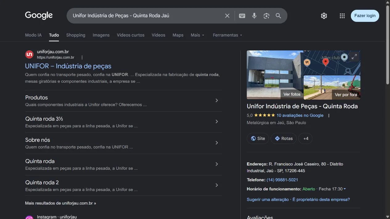 Busca e apresentação do perfil de Unifor Indústria de Peças no Google. Captura real de 16/09/2026.