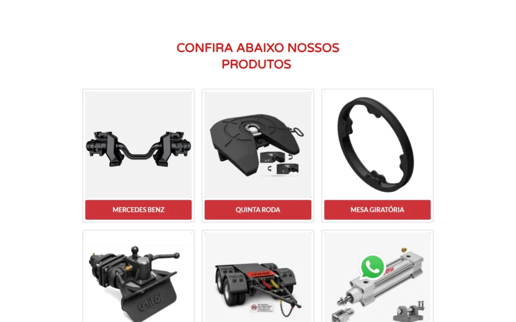 Captura do site de Unifor Indústria de Peças: Página Produtos: linhas por cartão