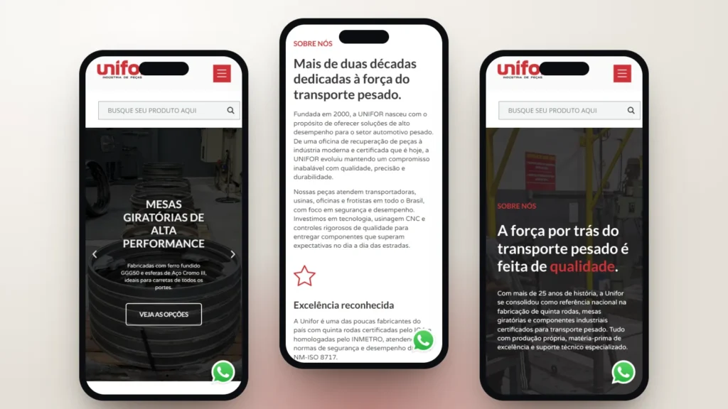 Captura do site de Unifor Indústria de Peças: Início, seção e página interna no celular