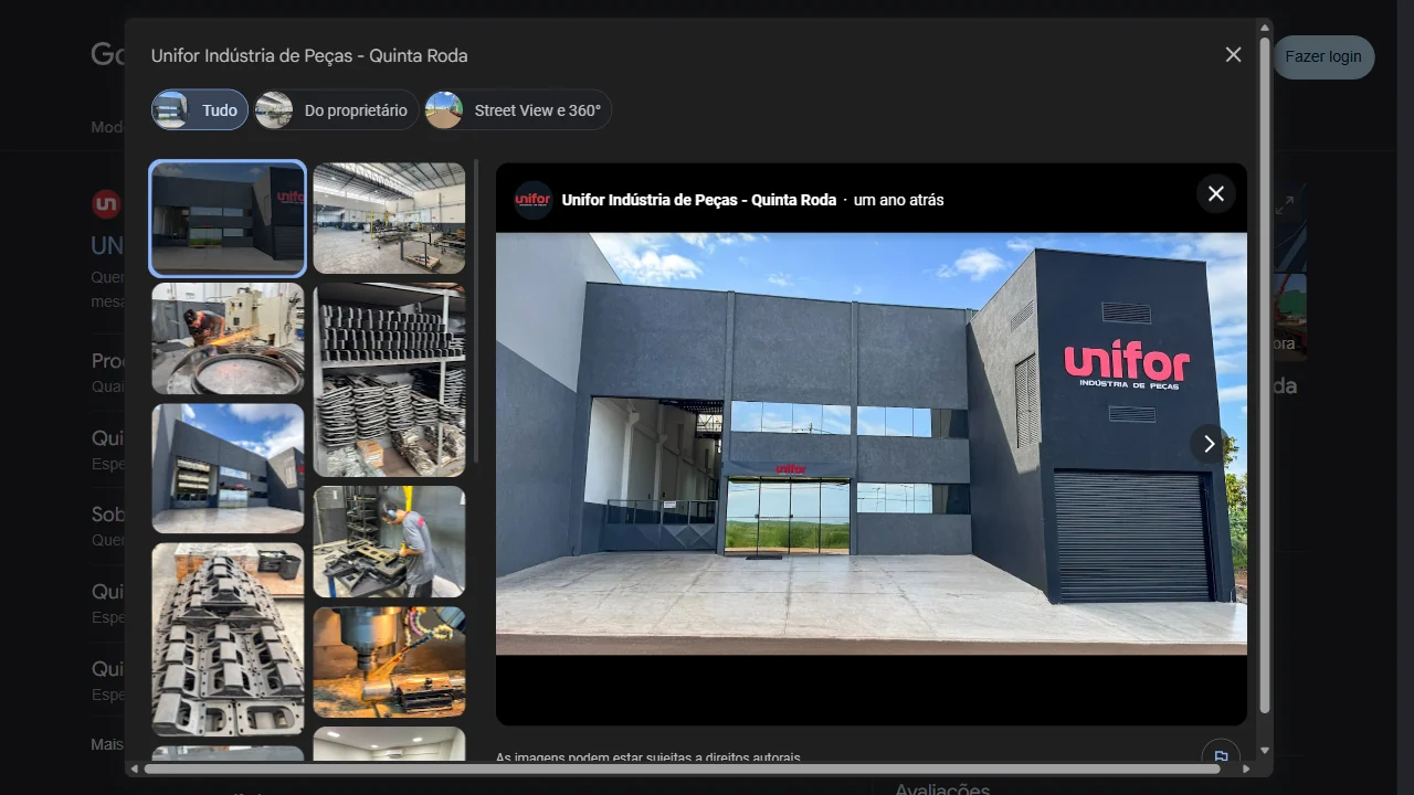 Galeria de fotos do perfil de Unifor Indústria de Peças no Google. Captura real de 16/09/2026.