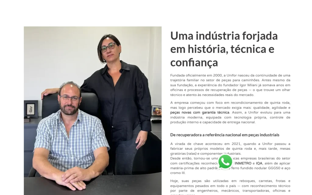 Captura do site de Unifor Indústria de Peças: Sobre nós: uma indústria forjada em história, técnica e confiança