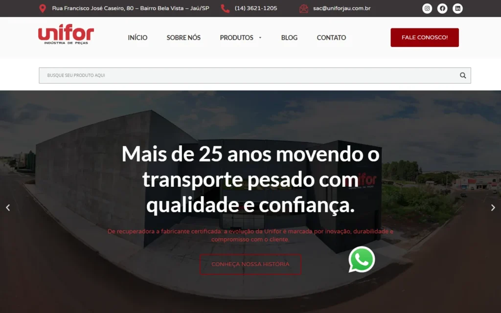 Captura do site de Unifor Indústria de Peças: Página inicial: mais de 25 anos movendo o transporte pesado