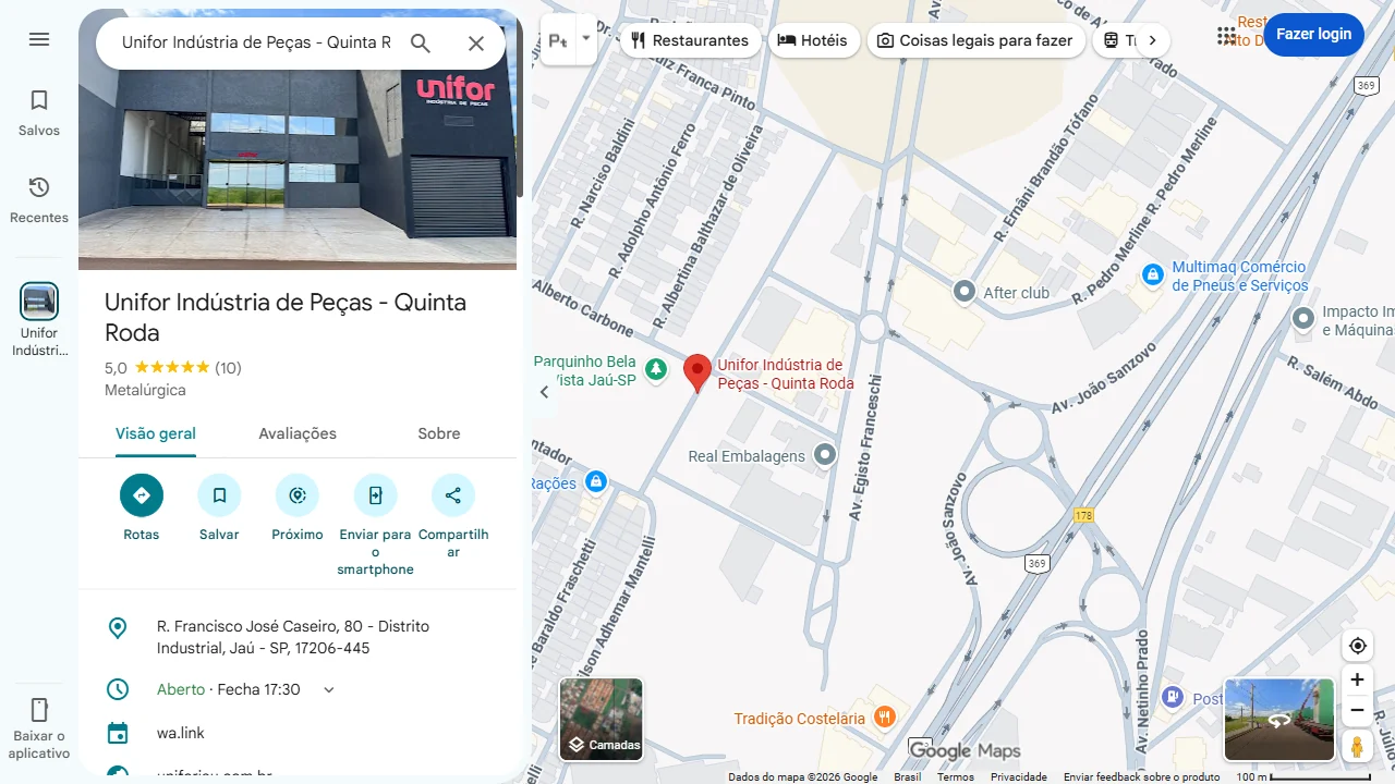 Localização de Unifor Indústria de Peças no Google Maps. Captura real de 16/09/2026.