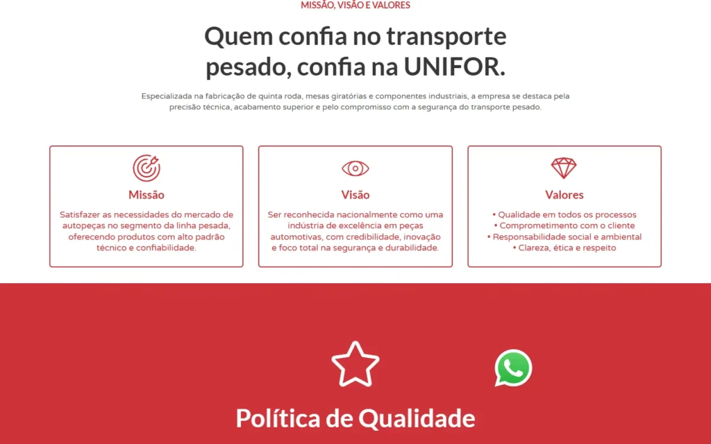 Captura do site de Unifor Indústria de Peças: Seção Missão, visão e valores