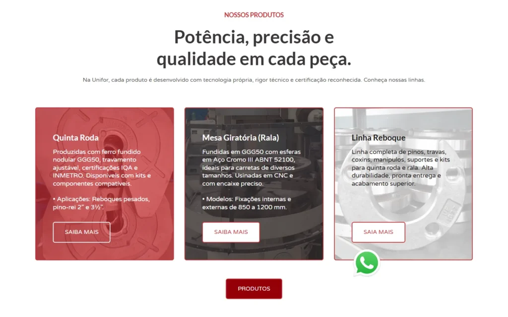 Captura do site de Unifor Indústria de Peças: Seção Nossos produtos: quinta roda, mesa giratória e linha reboque