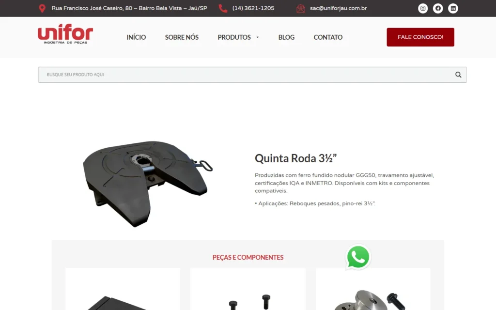 Captura do site de Unifor Indústria de Peças: Página Quinta roda 3½: peças e componentes