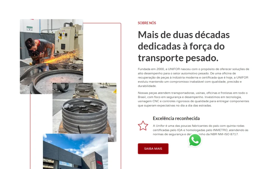 Captura do site de Unifor Indústria de Peças: Seção Sobre nós: mais de duas décadas