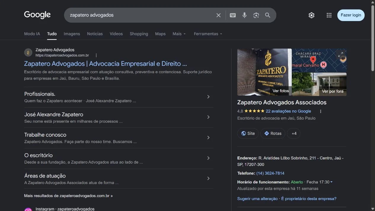 Busca e apresentação do perfil de Zapatero Advogados Associados no Google. Captura real de 16/09/2026.