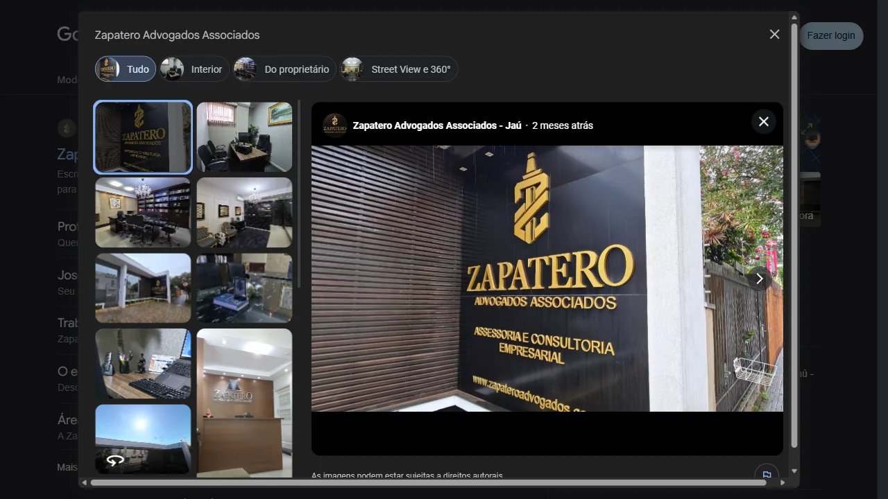 Galeria de fotos do perfil de Zapatero Advogados Associados no Google. Captura real de 16/09/2026.