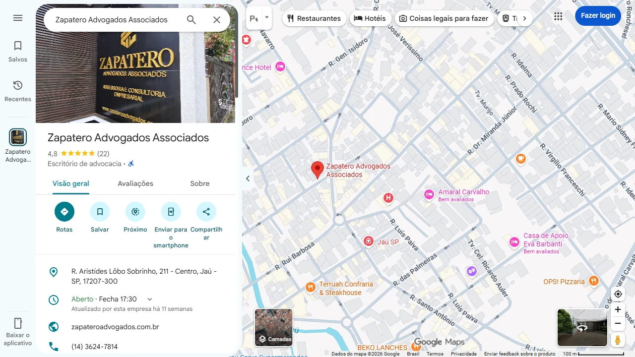Localização de Zapatero Advogados Associados no Google Maps. Captura real de 16/09/2026.