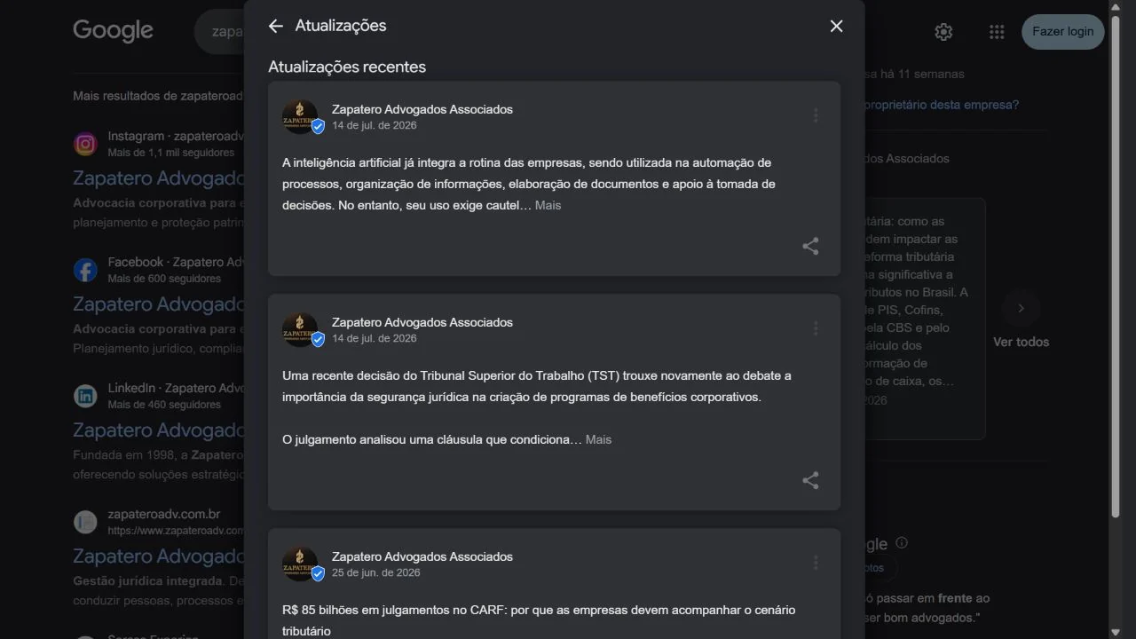 Publicações do escritório de Zapatero Advogados Associados no Google. Captura real de 16/09/2026.