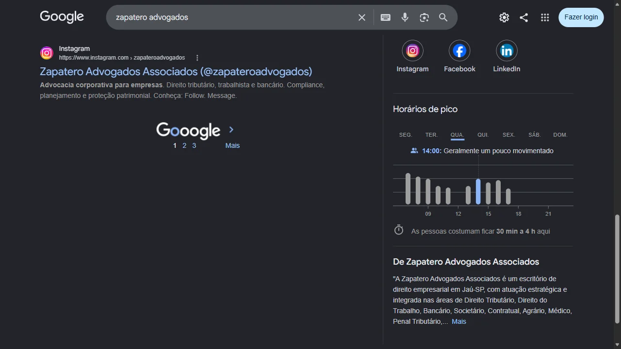 Apresentação pública da empresa de Zapatero Advogados Associados no Google. Captura real de 16/09/2026.